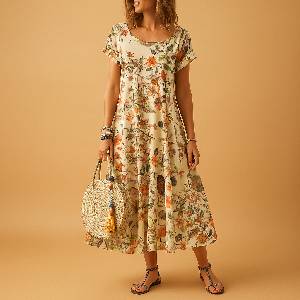Vintage floral dress with boat neck and short sleeves for women.