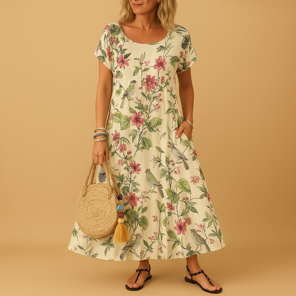 Vintage floral dress with boat neck and short sleeves for women.