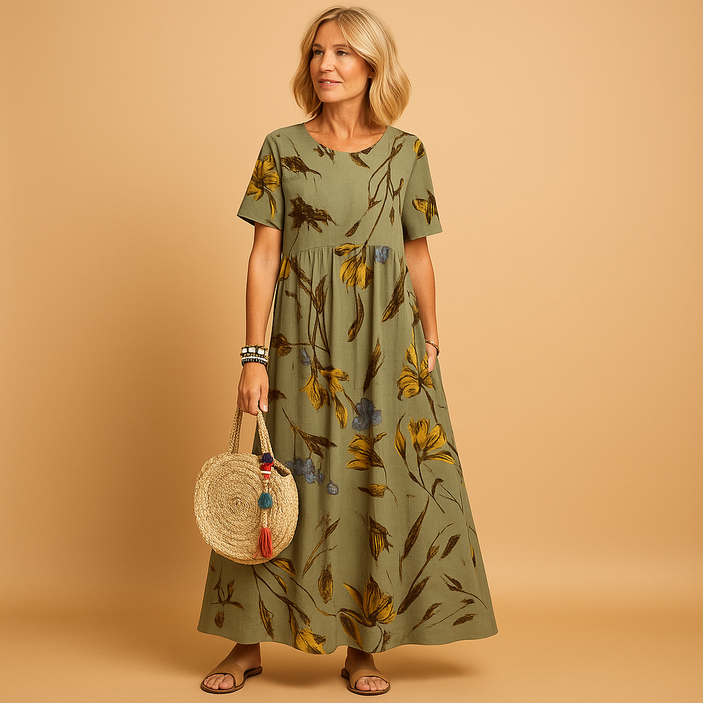 Vintage floral dress with boat neck and short sleeves for women.