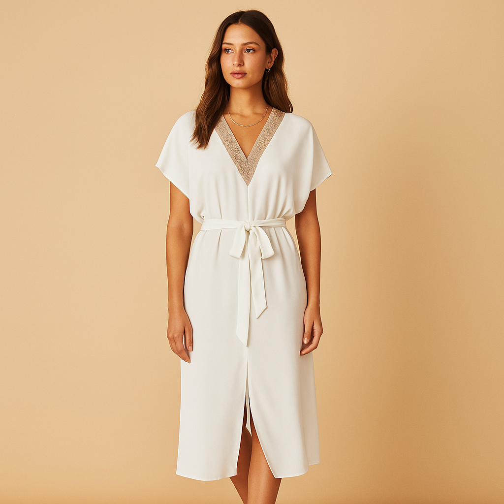 White midi dress with V-neck and minimalist design for women.