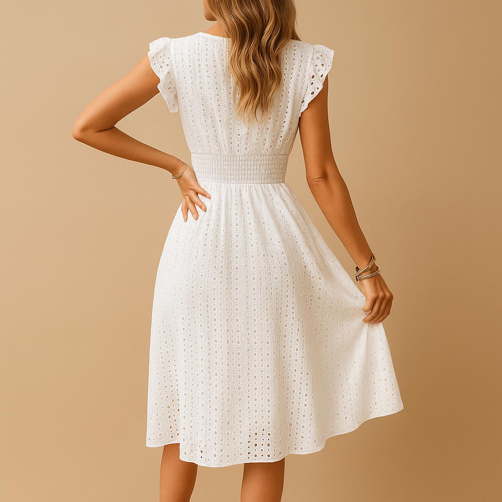 White midi summer dress with ruffles for women.