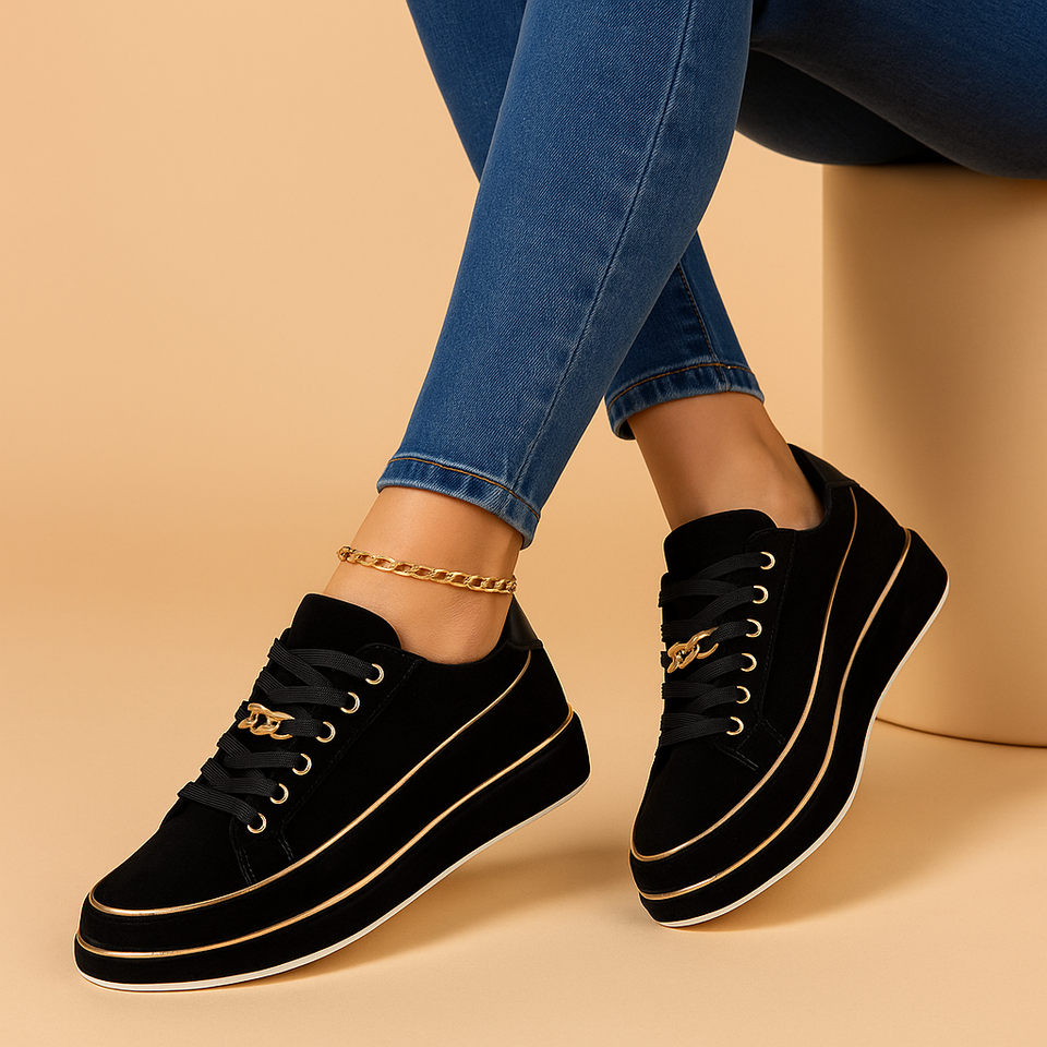 White sneakers with gold detailing for women