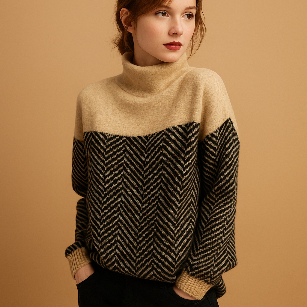 Soft knitted women's sweater with herringbone pattern.