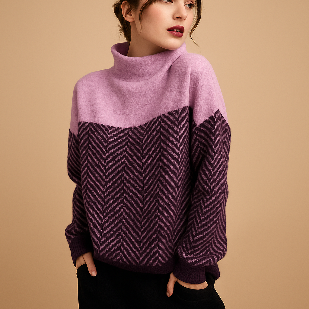 Soft knitted women's sweater with herringbone pattern.