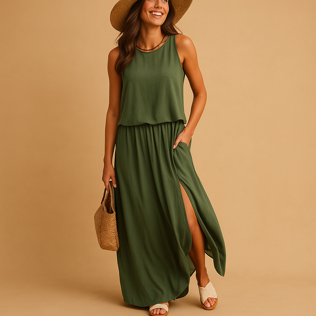 Loose-fitting summer dress with short sleeves for women.