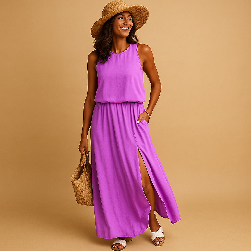Loose-fitting summer dress with short sleeves for women.