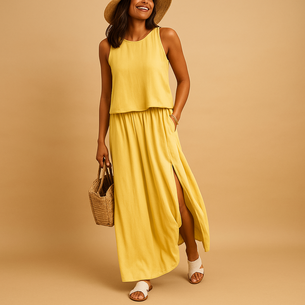 Loose-fitting summer dress with short sleeves for women.