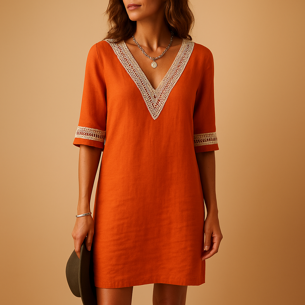 Summer dress with V-neck and lace details for women.