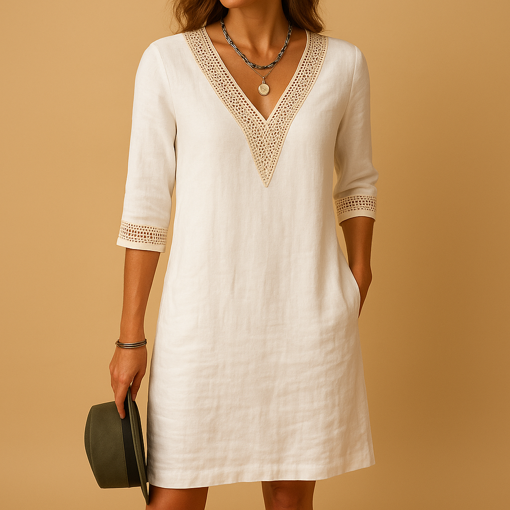 Summer dress with V-neck and lace details for women.