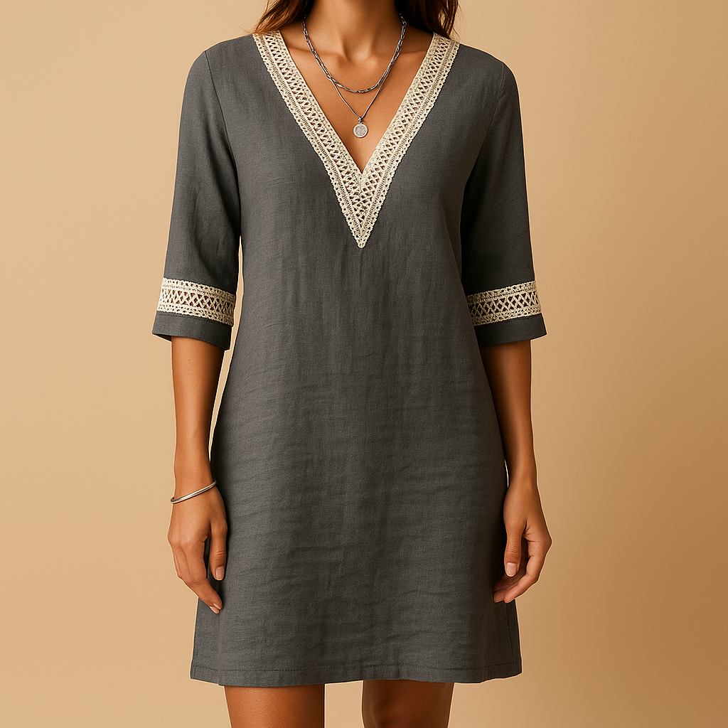 Summer dress with V-neck and lace details for women.
