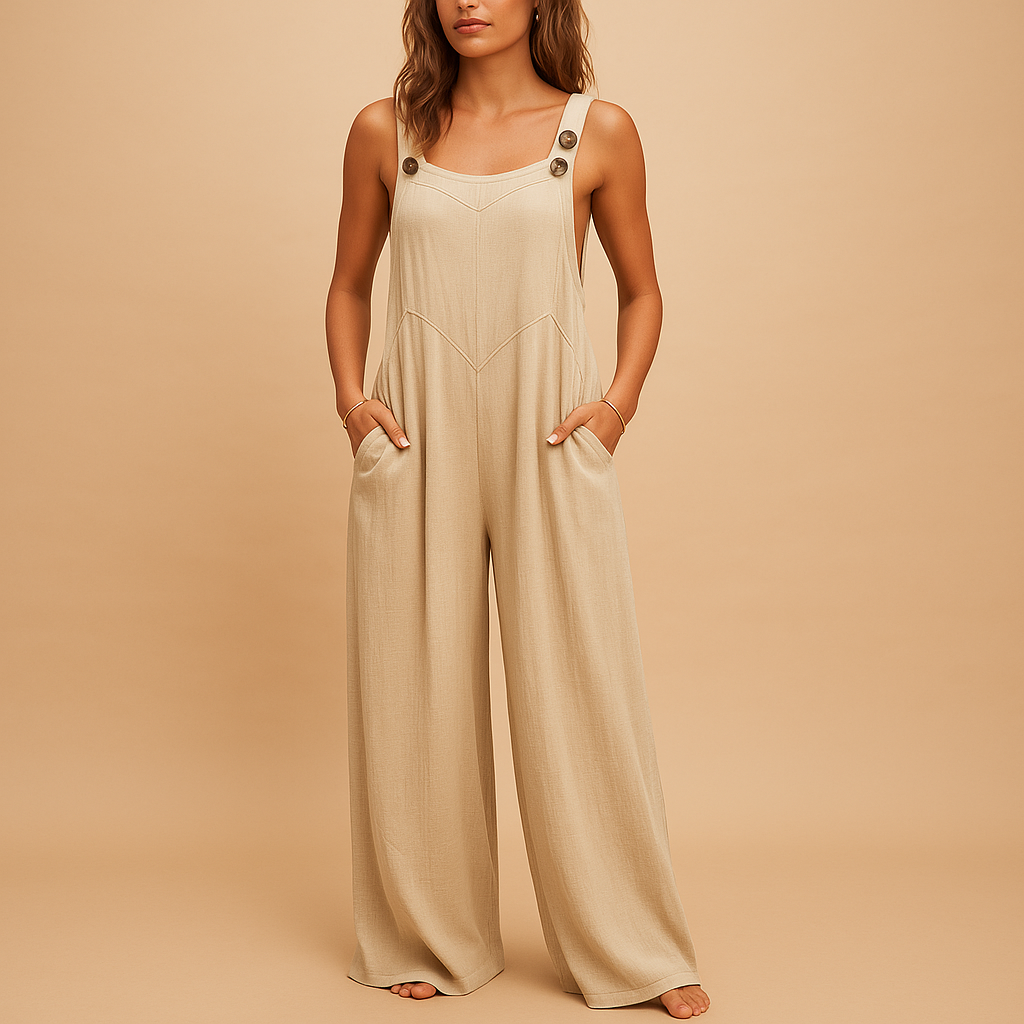 Summer jumpsuit with high waist and wide legs for women.