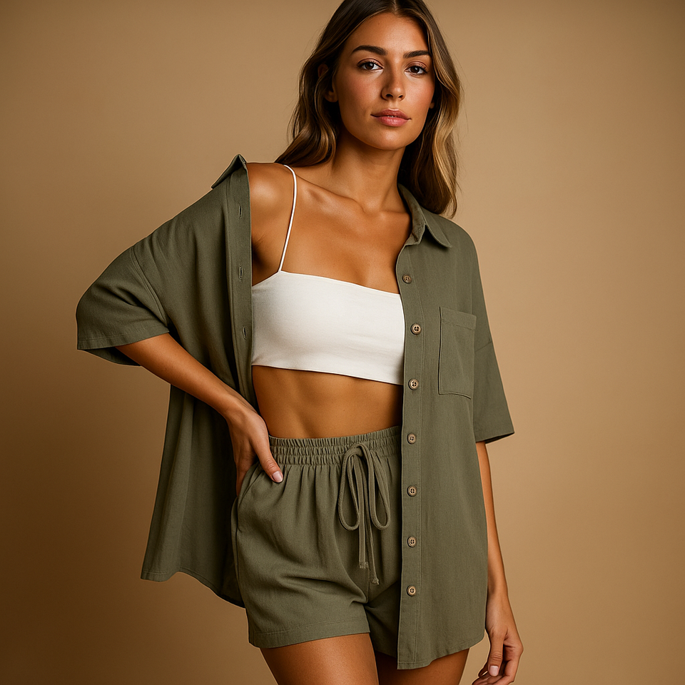 Summer lounge set with cardigan and shorts for women.