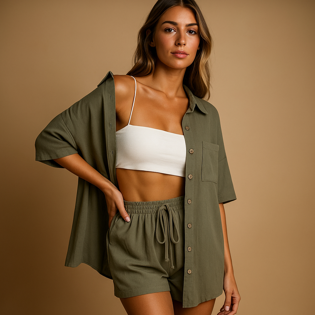 Summer lounge set with cardigan and shorts for women.