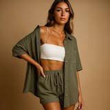 Summer lounge set with cardigan and shorts for women.