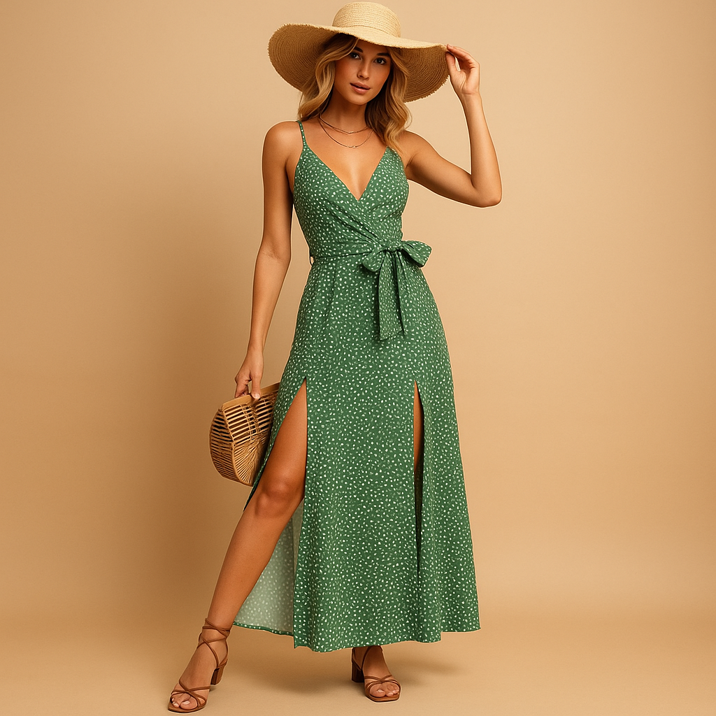 Flowy beach dress with floral print for women.