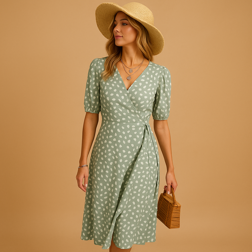 Summery V-neck dress with polka dot print for women.