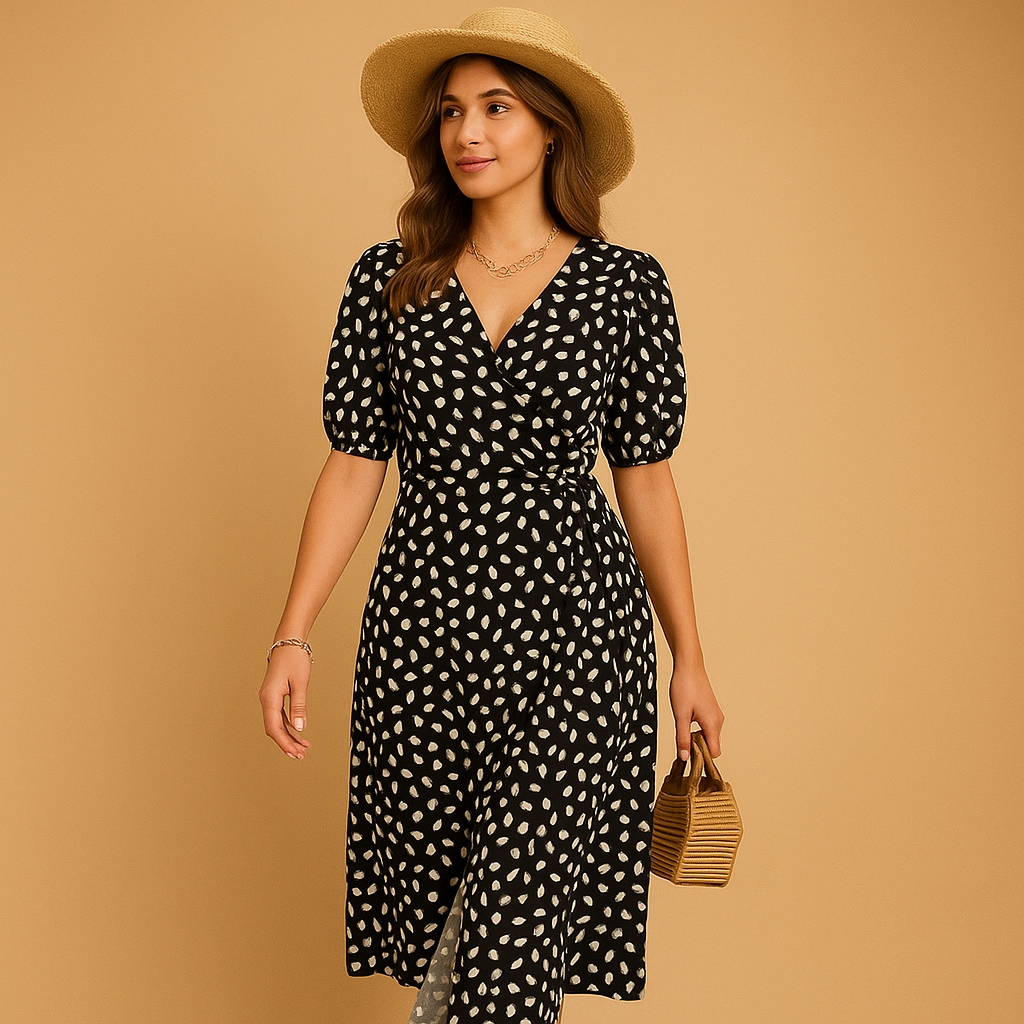 Summery V-neck dress with polka dot print for women.