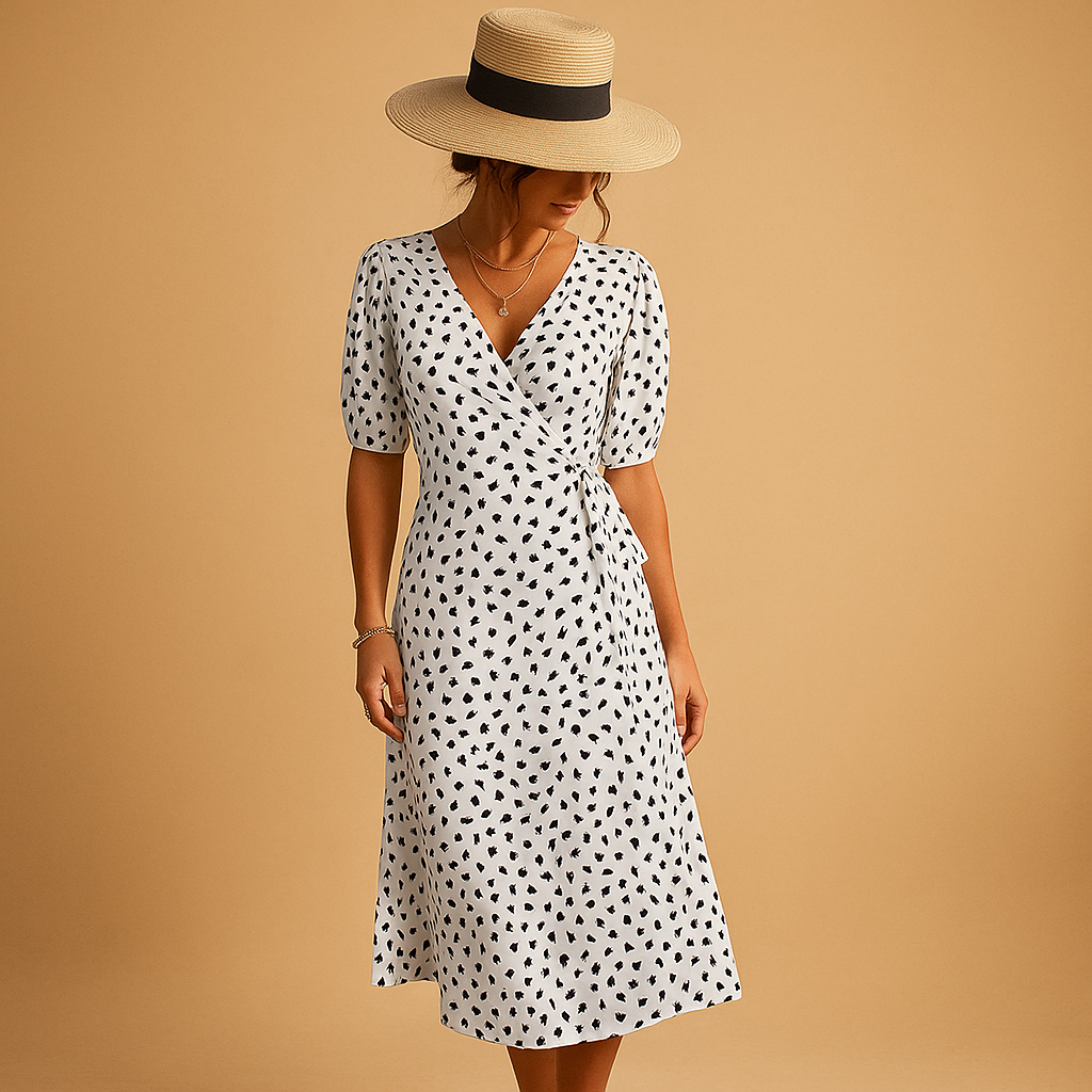 Summery V-neck dress with polka dot print for women.
