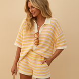 Striped summer set with blouse and shorts for women.