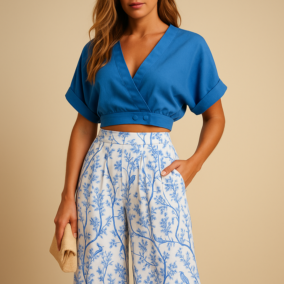 Summer set with floral print and wide-leg pants for women.