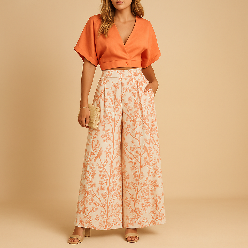 Summer set with floral print and wide-leg pants for women.