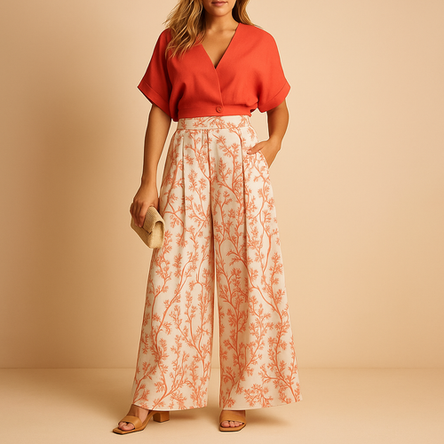 Summer set with floral print and wide-leg pants for women.