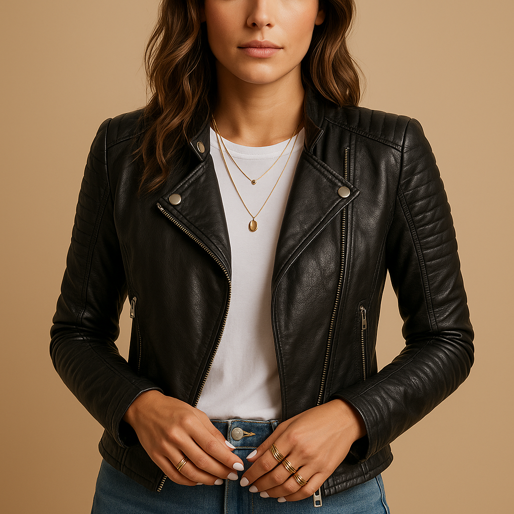 Black faux leather women's jacket with collar