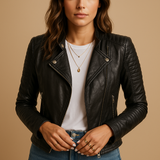 Black faux leather women's jacket with collar