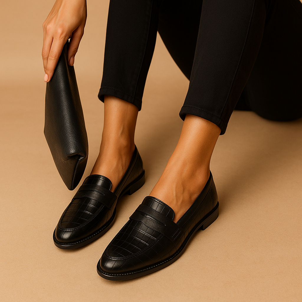 Black festive slip-ons for women.